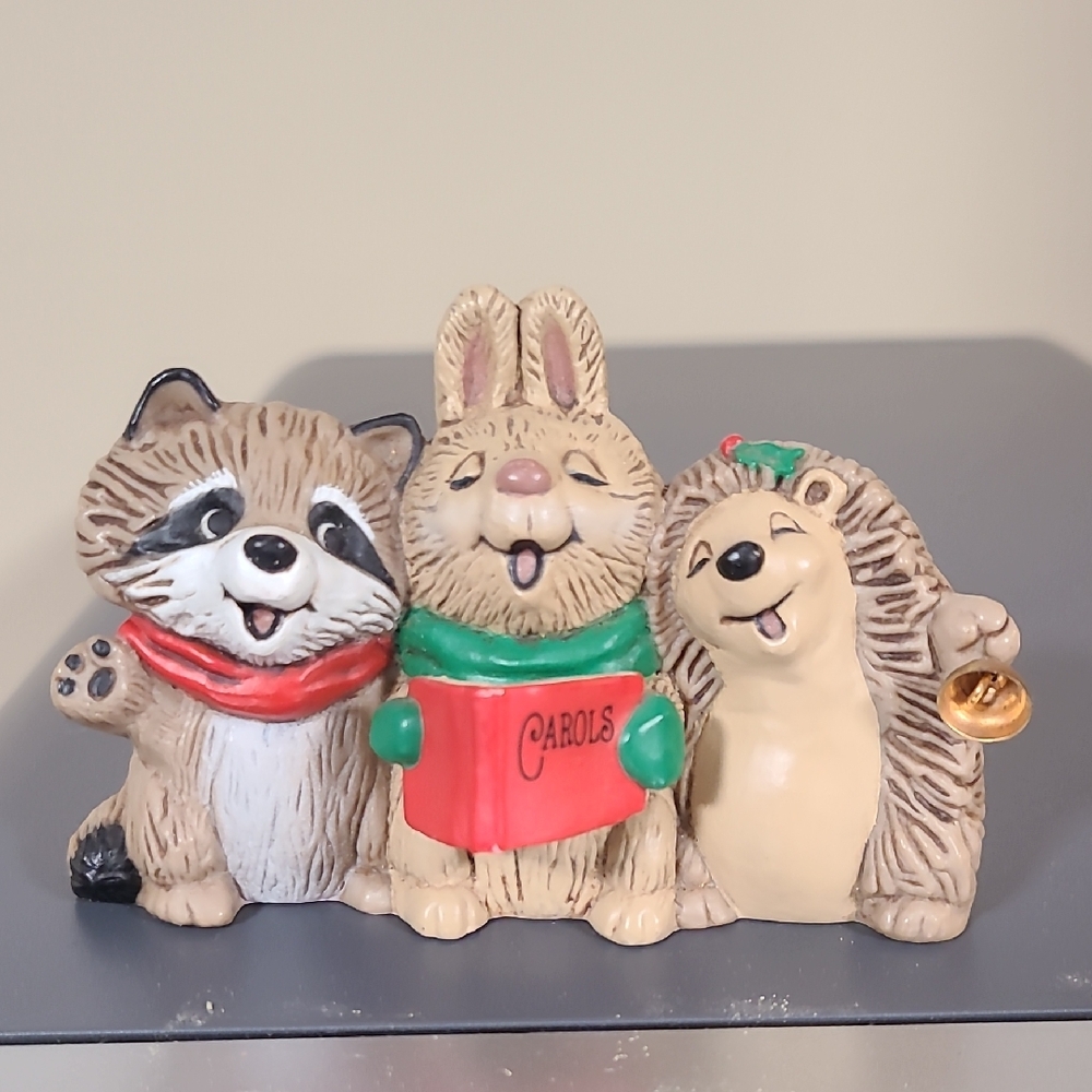 1983 Hallmark Merry Miniatures Christmas Caroling Forest Animals Hedgehog Racoon